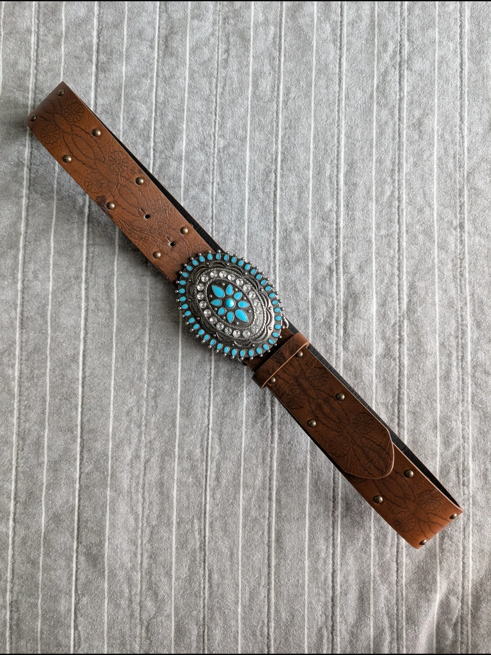 Southwestern Turquoise Enamel Silver Tone Concho Rhinestone Belt Size 7 31